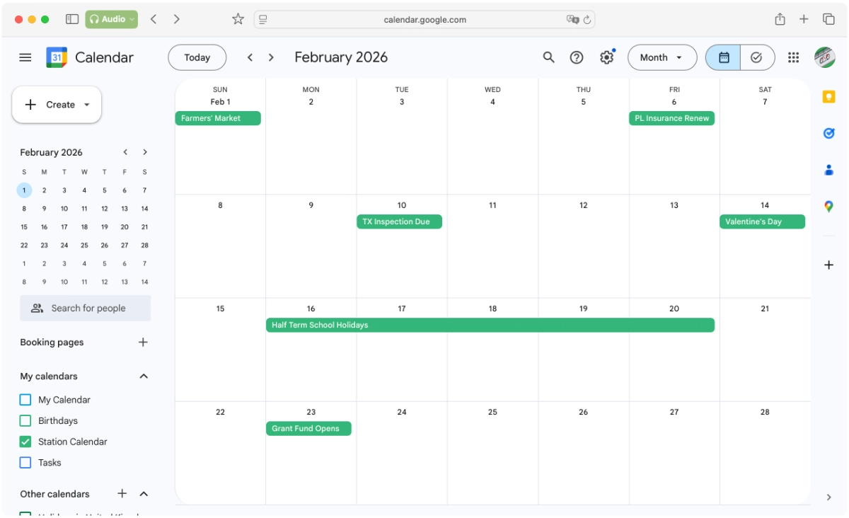 Screenshot showing an example calendar