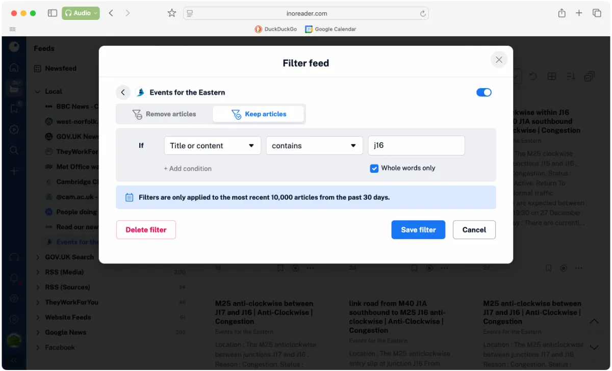 Filter feature in inoreader